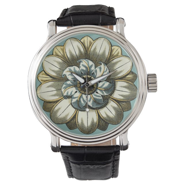 Verzierte Blumenmedaille über hellblauen Hintergru Armbanduhr (Vorderseite)