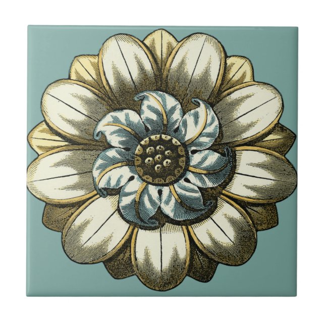 Verzierte Blumenmedaille über hellblauen Hintergru Fliese (Vorderseite)