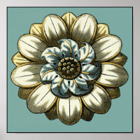 Verzierte Blumenmedaille über hellblauen Hintergru