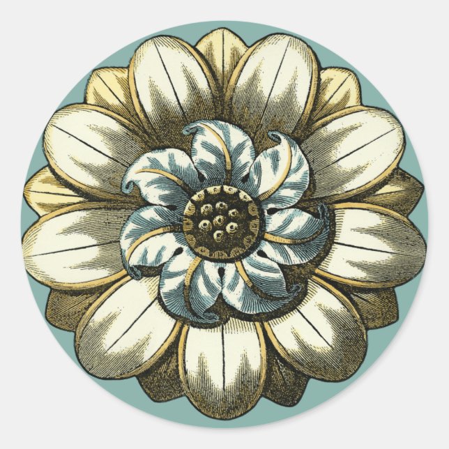 Verzierte Blumenmedaille über hellblauen Hintergru Runder Aufkleber (Vorderseite)
