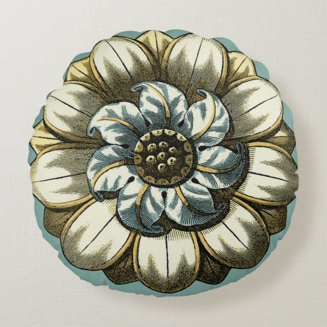 Verzierte Blumenmedaille über hellblauen Hintergru Rundes Kissen (Vorderseite)