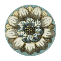 Verzierte Blumenmedaille über hellblauen Hintergru