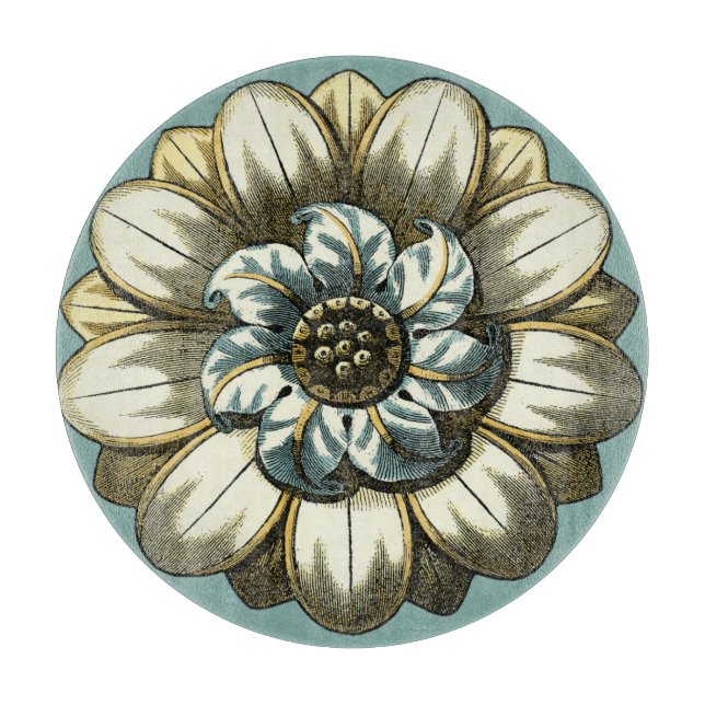 Verzierte Blumenmedaille über hellblauen Hintergru Schneidebrett (Vorderseite)