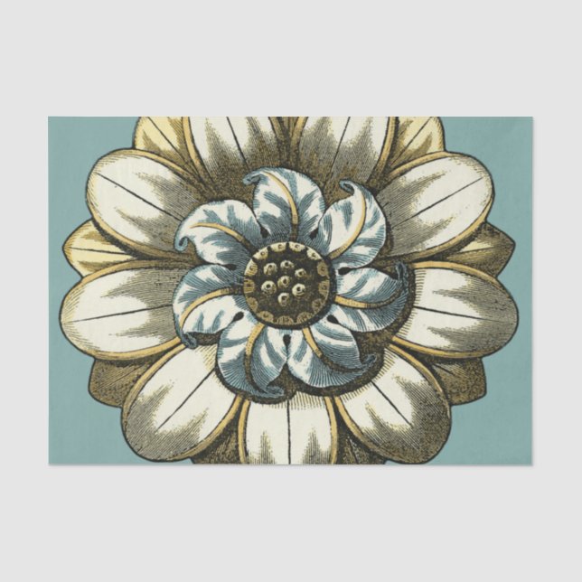 Verzierte Blumenmedaille über hellblauen Hintergru Seidenpapier (Vorderseite)