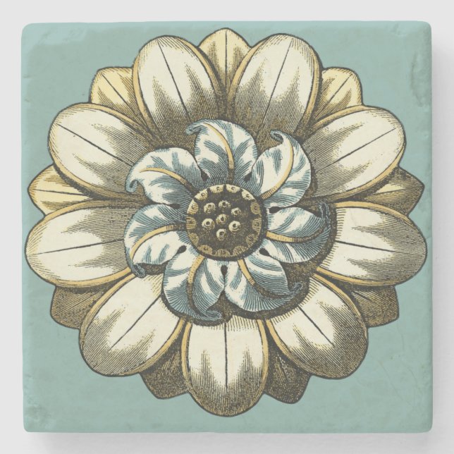 Verzierte Blumenmedaille über hellblauen Hintergru Steinuntersetzer (Vorderseite)