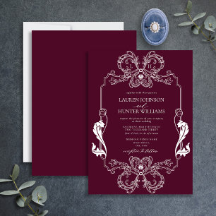 Verzierte Burgundy Floral Line Art Monogram Weddin Einladung