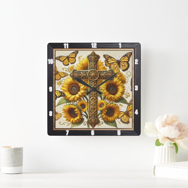 Verzierte Cross Sunflowers Schmetterlinge Quadratische Wanduhr (Zuhause)