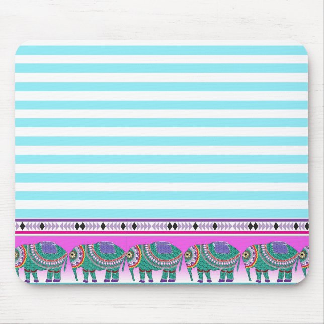 Verzierte Elefanten Aqua Stripped Trendy Mousepad (Vorne)