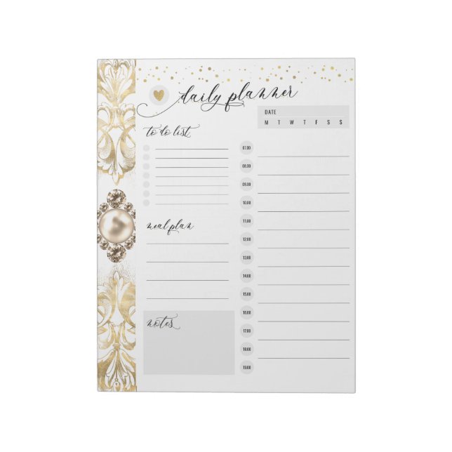 Verzierte Eleganz | Gold Pearl Jewel Daiwel Planer Notizblock (Rotiert)
