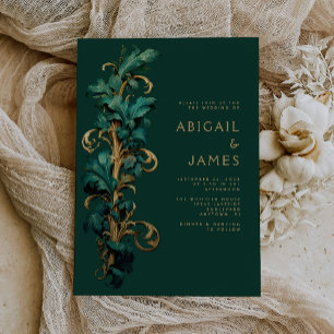 Verzierte Emerald Green Gold Rokoko Foliage Hochze Einladung