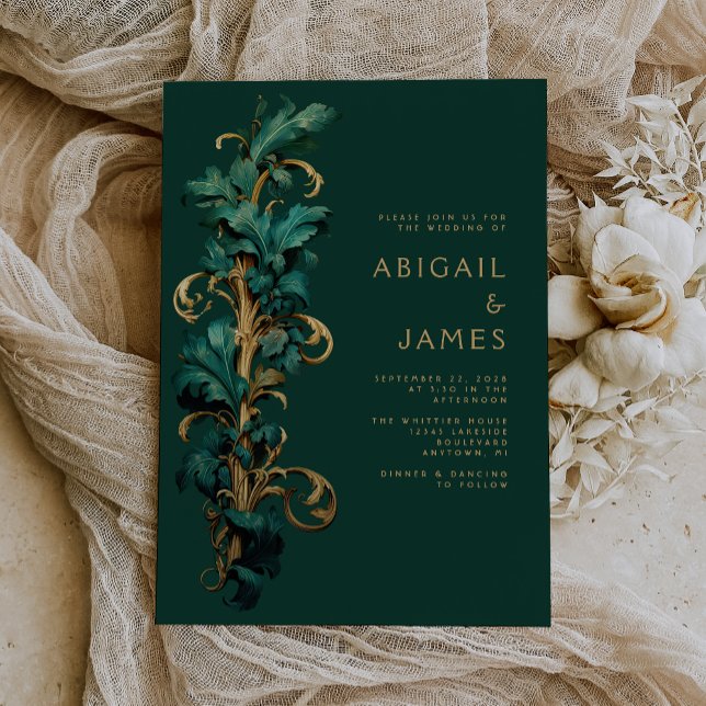 Verzierte Emerald Green Gold Rokoko Foliage Hochze Einladung (An ideal choice for an emerald green and gold vintage themed wedding.)