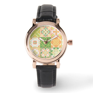 Verzierte Fliesen in grün und gelb Armbanduhr