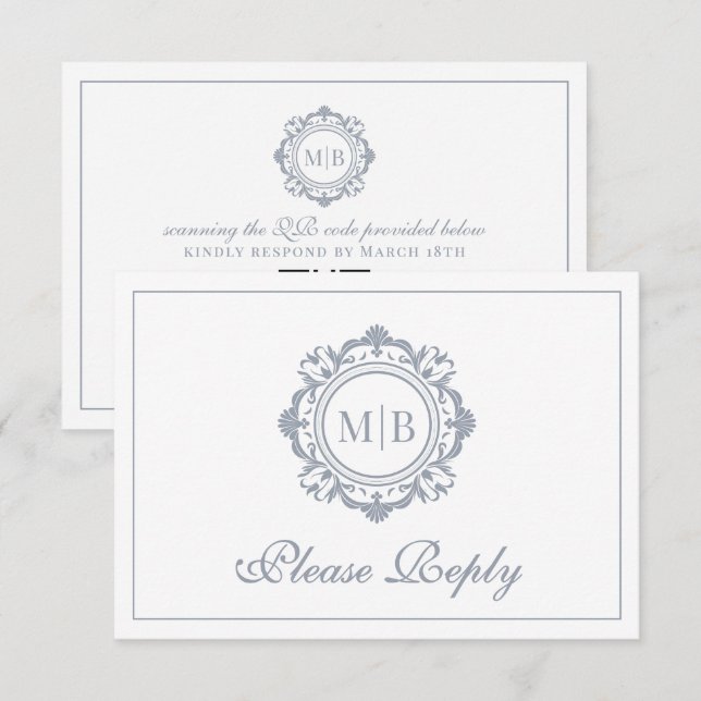 Verzierte Floral Monogram Silver Wedding RSVP Karte (Vorne/Hinten)