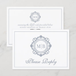 Verzierte Floral Monogram Silver Wedding RSVP Karte