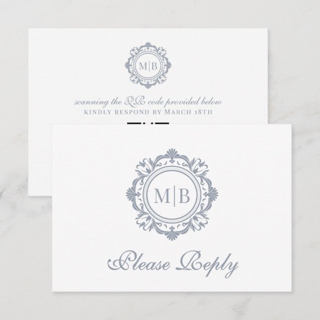Verzierte Floral Monogram Silver Wedding RSVP Karte (Vorne/Hinten)