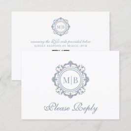 Verzierte Floral Monogram Silver Wedding RSVP Karte