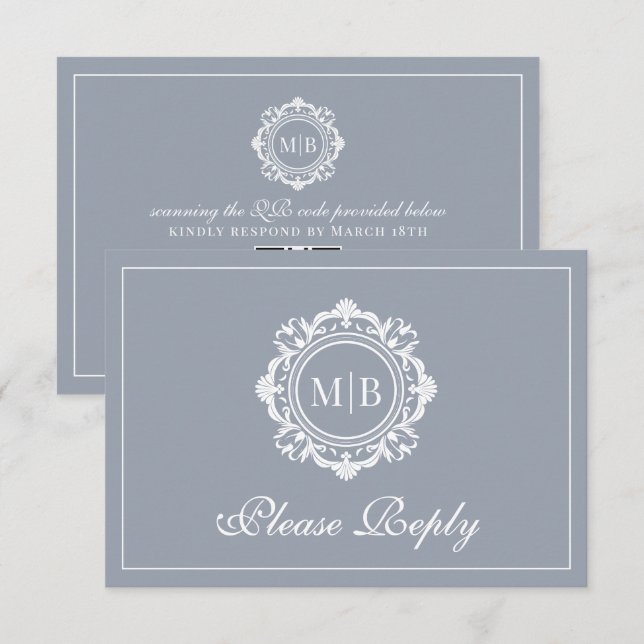 Verzierte Floral Monogram Silver Wedding RSVP Karte (Vorne/Hinten)