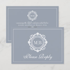 Verzierte Floral Monogram Silver Wedding RSVP Karte