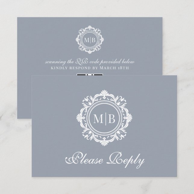 Verzierte Floral Monogram Silver Wedding RSVP Karte (Vorne/Hinten)