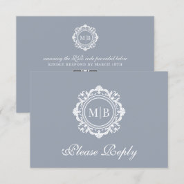 Verzierte Floral Monogram Silver Wedding RSVP Karte
