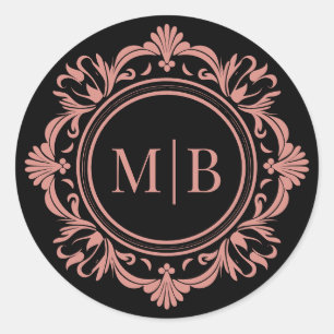 Verzierte Floral Monogram Wedding Black Rose Gold Runder Aufkleber