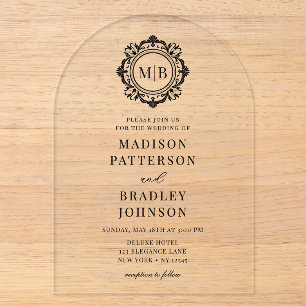 Verzierte Floral Monogram Wedding Elegant Black Acryleinladungen