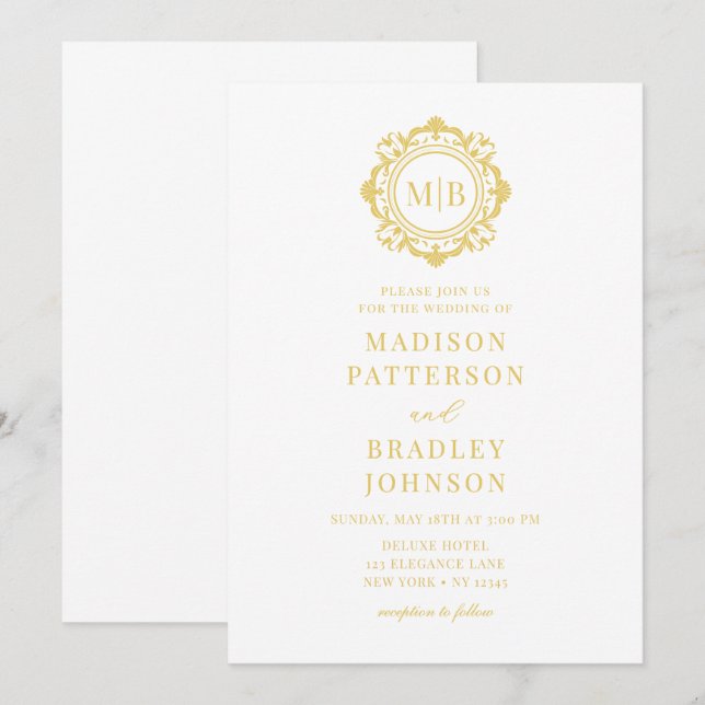 Verzierte Floral Monogram Wedding Elegant Gold Einladung (Vorne/Hinten)