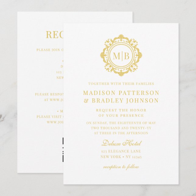 Verzierte Floral Monogram Wedding Elegant Gold Einladung (Vorne/Hinten)