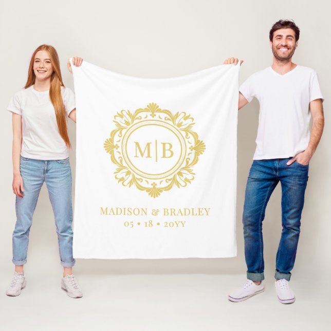 Verzierte Floral Monogram Wedding Elegant Gold Whi Fleecedecke (Beispiel)