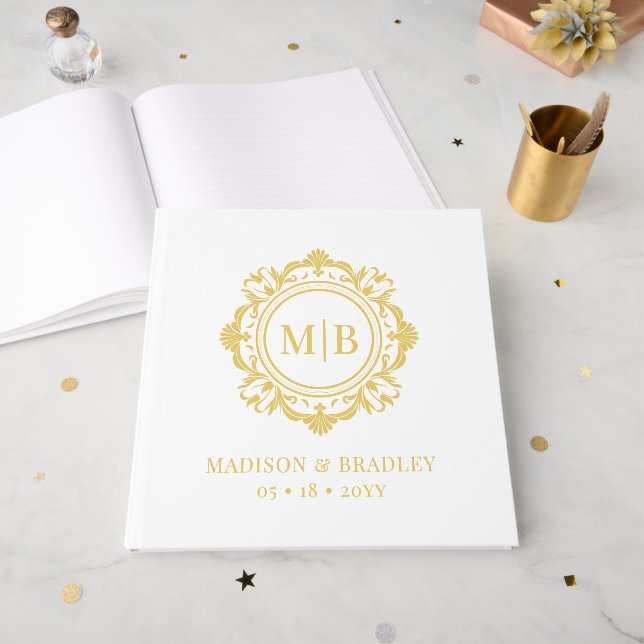 Verzierte Floral Monogram Wedding Elegant Gold Whi Gästebuch (Vorderseite offen)