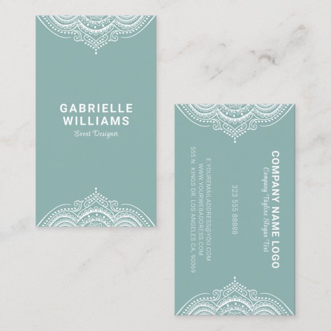 Verzierte Girly White Lace Rahmen auf sage-Green Visitenkarte (Vorne/Hinten)