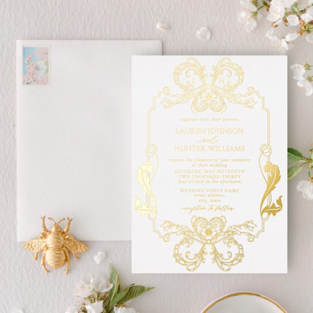 Verzierte Gold Floral Line Art Monogram Wedelfolie Folieneinladung (Von Creator hochgeladen)