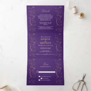 Verzierte Gold Floral Wirbel auf Lila Hochzeit Dreifach Gefaltete Einladung