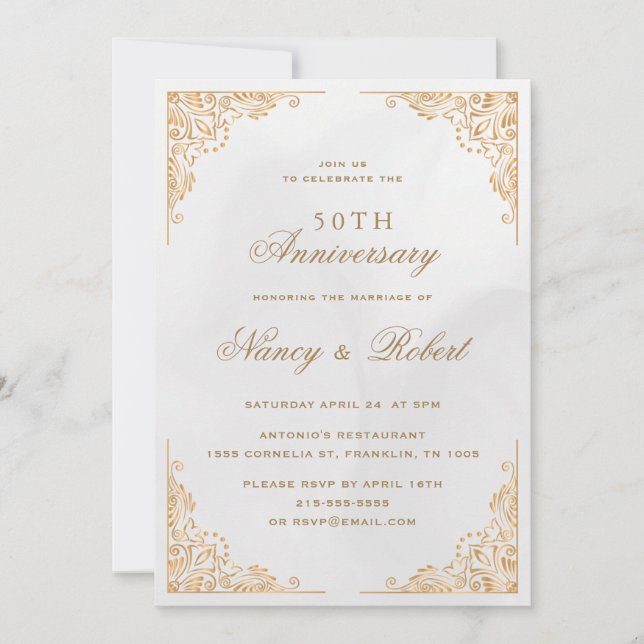 Verzierte Goldbrasse 50. Hochzeitstag Einladung (Vorderseite)