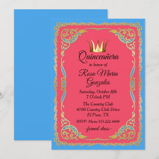Verzierte Goldfarben mit Kronen-Quinceanera Einladung
