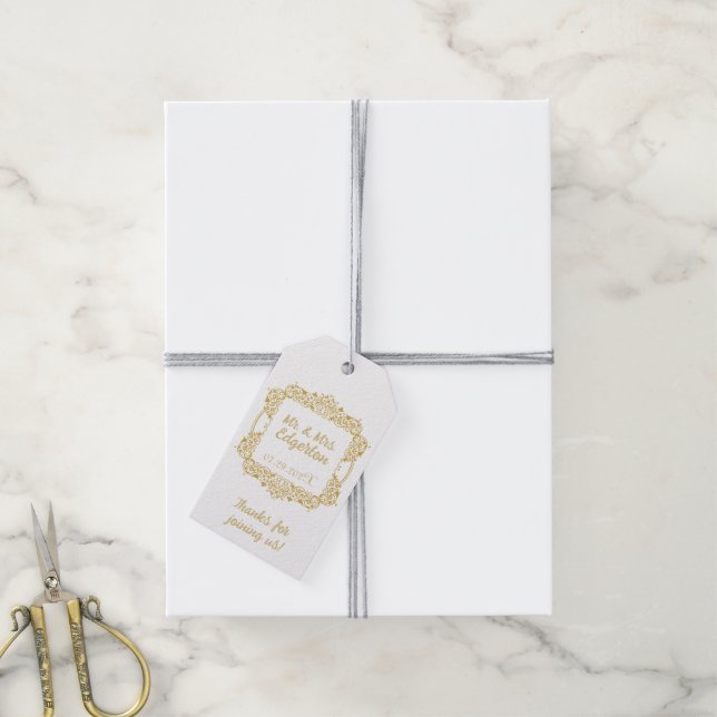 Verzierte Goldrahmen-Hochzeit Personalisiert Geschenkanhänger (Mit Garn)