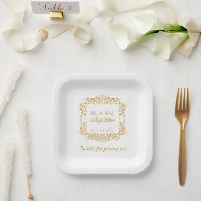 Verzierte Goldrahmen-Hochzeit Personalisiert Pappteller (Hochzeit)