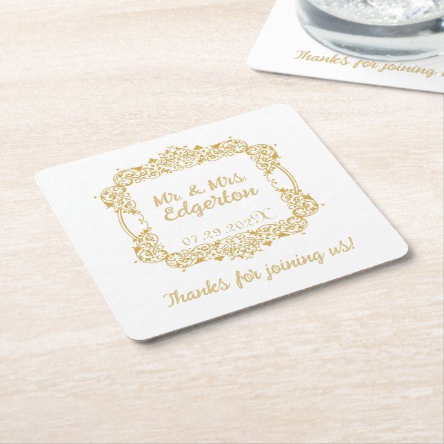 Verzierte Goldrahmen-Hochzeit Personalisiert Rechteckiger Pappuntersetzer (angewinkelt)