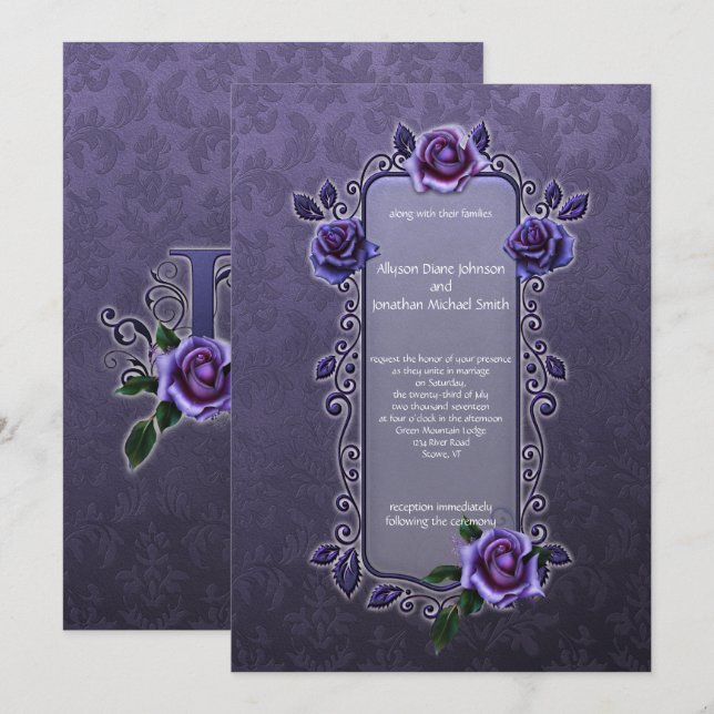 Verzierte Goth Dark Lila Rose Hochzeit | Einladung (Vorne/Hinten)