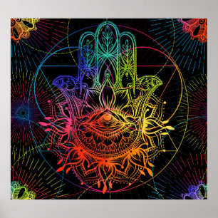 Verzierte Hamsa: handgezeichnet Neonmuster. Poster