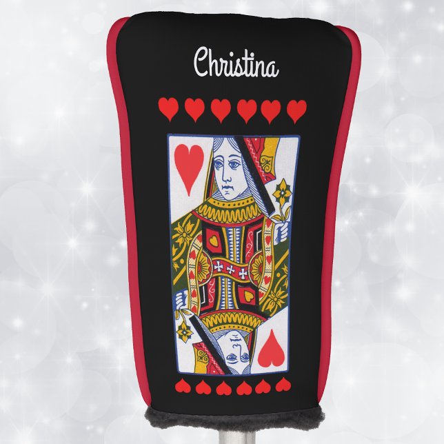 Verzierte Herzkönigin spielen Herz Golf Headcover (Ornate heart queen on playing card with red hearts on black golf club cover.)