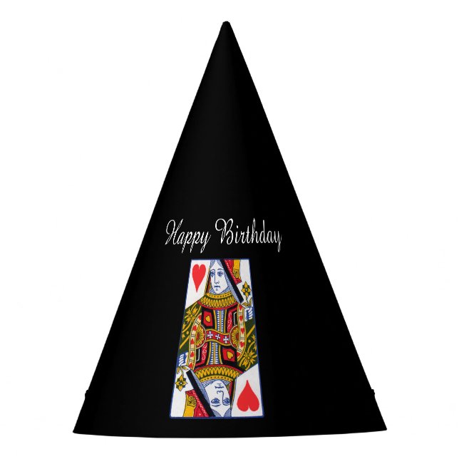 Verzierte Herzkönigin Spielkarte Schwarz Partyhütchen (Vorderseite)