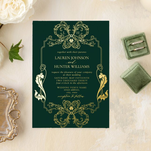 Verzierte Hochzeit der Green Floral Line Art Monog Folieneinladung (Von Creator hochgeladen)