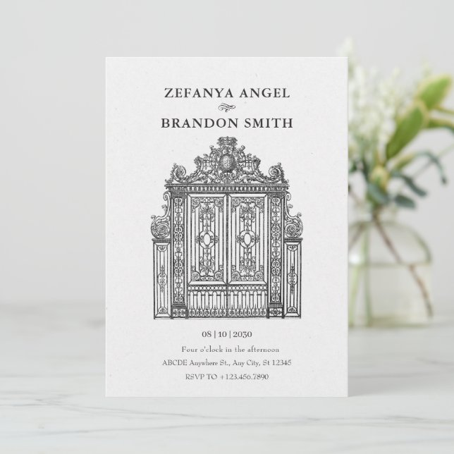 Verzierte Hochzeit des antiken Tors Einladung (Stehend Vorderseite)