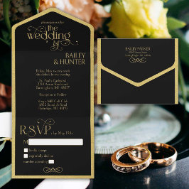 Verzierte Hochzeit in Schwarz-Gold All In One Einladung