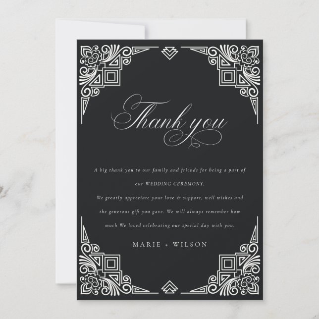 Verzierte Hochzeit in Schwarz-Weiß-Art-Déco Dankeskarte (Vorderseite)