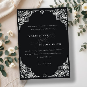 Verzierte Hochzeit in Schwarz-Weiß-Art-Déco Einladung
