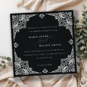 Verzierte Hochzeit in Schwarz-Weiß-Art-Déco Einladung