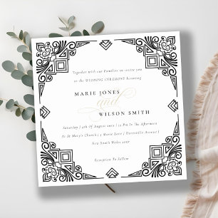 Verzierte Hochzeit in Schwarz-Weiß-Art-Déco Einladung