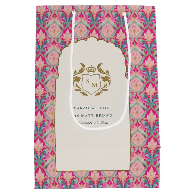 Verzierte Hot Pink Gold Klassik Blumenlaurel Hochz Mittlere Geschenktüte (Rückseite)